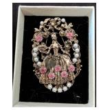 Gold-Tone Brooch with Pearls and Pink Accents