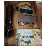 Box Lot with Belts, Glasses, and Makeup Palette