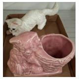 Two Ceramic Cat Figurines with Basket Design