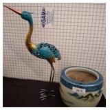 Metal Crane Sculpture and Ceramic Plant Pot