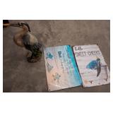 Decorative Heron Statue and Two Metal Signs