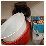 Box Lot With Kitchenware and Protein Powder
