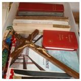 Storage Bin with Books and Wooden Crucifix