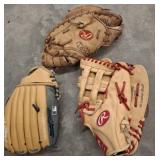 Three Rawlings Baseball Gloves