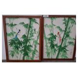 Framed Vintage Bird and Bamboo Paintings