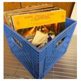 Vinyl Records in Blue Plastic Crate