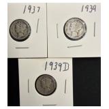 1937 and 1939 Mercury Dimes in Coin Holders