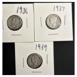 1936, 1937, and 1939 Mercury Dimes