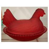 Red Pressed Glass Hen-on-Nest Dish
