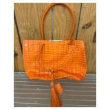 Orange Faux Crocodile Embossed Handbag