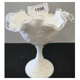Fenton White Glass Compote With Ruffled Edge