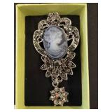 Silver-Tone Cameo Brooch with Rhinestone Accents