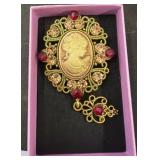 Gold-Tone Cameo Brooch with Rhinestone Accents