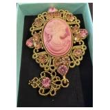 Gold-Tone Cameo Brooch With Pink Rhinestones