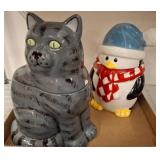 Ceramic Cat shows chips on lid and Penguin Cookie