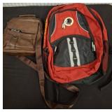 Two Bags: Red Backpack and Brown Shoulder Bag