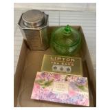 Metal Tin, Green Glass Jar, and Vintage Packaging
