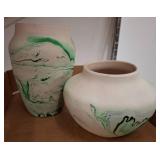Nemadji Pottery Vases with Green Marbled Design