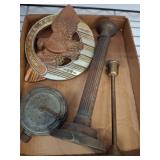 Box Lot with Metal Items and Plaque