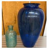 Blue Glass Vase and Ribbed Aqua Glass Bottle