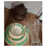 Royal Doulton Set, Crystal Vase, and Metal Box