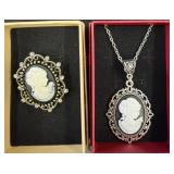 Cameo Brooch and Pendant Necklace Set