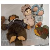 Plush Monkey, Cloth Dolls, and Wooden Rooster Deco