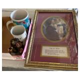 Gold-Framed Art Print, Mugs, and Figurine Lot