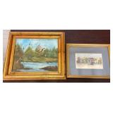 Framed Landscape Oil Painting and Lithograph Print