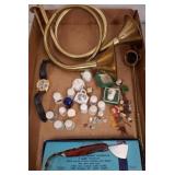 Box Lot with Horns, Watch, Thimbles, and Knife