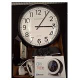 Box Lot of Clocks and Memorex Bluetooth Speaker
