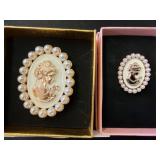 Cameo Pins With Faux Pearl Accents in Gift Boxes