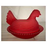 Red Glass Hen on Nest Covered Dish