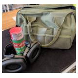 Green Tactical Bag, Ear Protection, and Cleaner