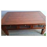 Pine Coffee Table With Glass-Panel Drawers