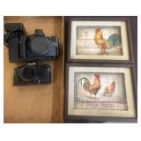 Cameras and Framed Rooster Prints Lot
