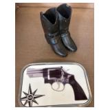 Cowboy Boot Figurine and Gun-Themed Belt Buckle