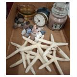 Box Lot: Starfish, Rocks, Clock, Candle, Glassware