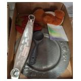 Box Lot: WMF Candlestick, Pewter Tray, Plush Bear
