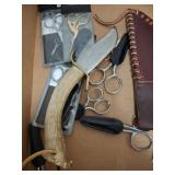 Boxed Lot of Scissors and Hunting Knife