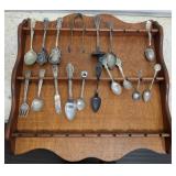 Wooden Display Rack with Assorted Collectible Spoo