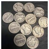 12 U.S. Mercury Dimes, Mixed Dates