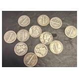 12 Mercury Dimes, Assorted Dates