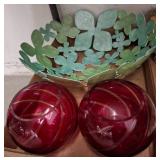 Decorative Green Metal Bowl and Red Glass Vases