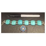 Turquoise Bracelet, Earrings, and Brooch Lot