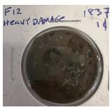 1837 U.S. Large Cent Coin with Noted Damage