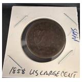 1858 U.S. Large Cent in Card Holder
