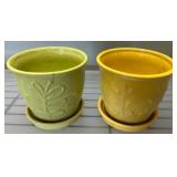 Two Glazed Ceramic Planters with Trays