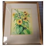 Framed Watercolor Painting of Sunflowers