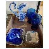 Ceramic Pitcher and Cobalt Blue Glass Pieces